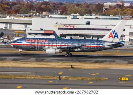 NEW YORK - NOVEMBER 3: Boeing 767 American Airlines taxis at JFK Airport in New York, NY on November 3, 2013. JFK Airport is New York\'s main international airport opened in 1948.