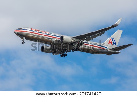 NEW YORK - NOVEMBER 3: Boeing 767 American Airlines takes off from JFK Airport in New York, NY on November 3, 2013. JFK Airport is New York\'s main international airport opened in 1948.