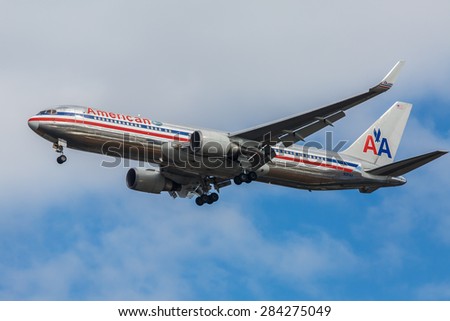 NEW YORK - NOVEMBER 2: Boeing 767 American Airlines takes off from JFK Airport in New York, NY on November 2, 2013. JFK Airport is New York\'s main international airport opened in 1948.