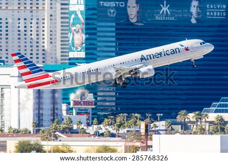 LAS VEGAS - NOVEMBER 3: Airbus A320 American Airlines takes off from McCarran Airport in Las Vegas, NV on November 3, 2014. American Airlines is one of the oldest airlines in United States.
