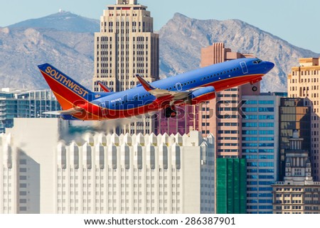 LAS VEGAS - NOVEMBER 3: Boeing 737 Southwest Airlines takes off from McCarran in Las Vegas, NV, USA on November 3, 2014. Southwest is a major US airline and the world\'s largest low-cost carrier.