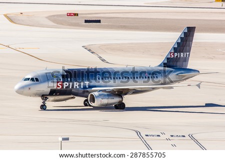 LAS VEGAS - NOVEMBER 3: Airbus A320 Spirit Airlines taxis at McCarran Airport in Las Vegas, NV on November 3, 2014. Spirit is a ultra low-cost carrier. It is rated 2 out of 5 starts by Skytrax.