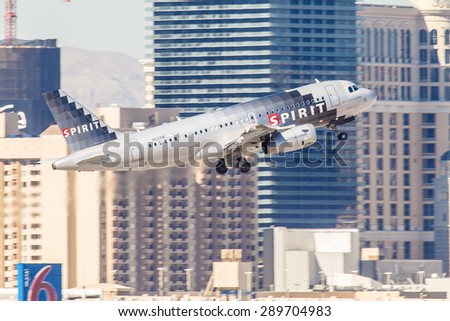 LAS VEGAS - NOVEMBER 7: Airbus A320 Spirit Airlines takes off from McCarran Airport in Las Vegas, NV on November 7, 2014. Spirit is a ultra low-cost carrier. It is rated 2 out of 5 starts by Skytrax.