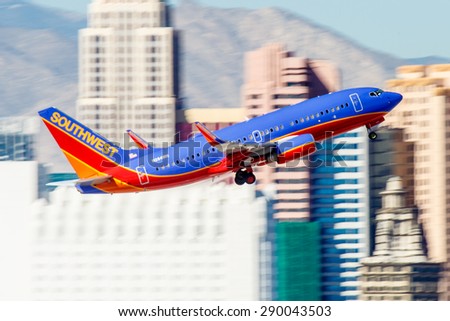 LAS VEGAS - NOVEMBER 7: Boeing 737 Southwest Airlines takes off from McCarran in Las Vegas, NV, USA on November 7, 2014. Southwest is a major US airline and the world\'s largest low-cost carrier.