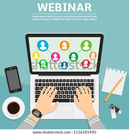 Webinar flat design concept illustration. Man hands typing on the laptop and social icons on screen.