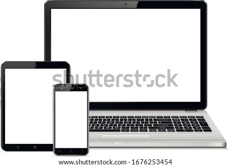 Mockup of laptop, tablet pc and mobile phone with blank screen. Responsive web design devices.
