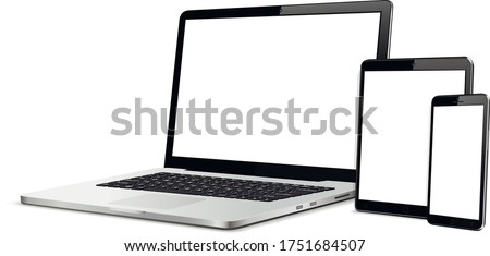 Laptop, tablet, mobile phone mock up. Responsive web design digital devices.