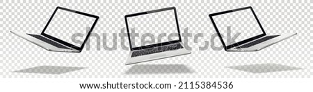 Flying laptop mock up with transparent screen isolated