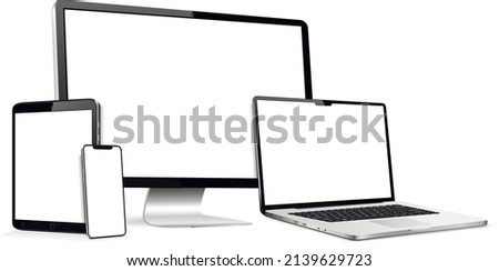 Realistic monitor computer, laptop, tablet, smartphone. Modern digital devices.