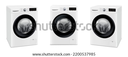 Set of washing machines isolated on white background. Front and perspective view.