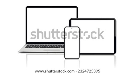 Laptop, tablet and mobile phone. Flat lay detailed and realistic devices mockup