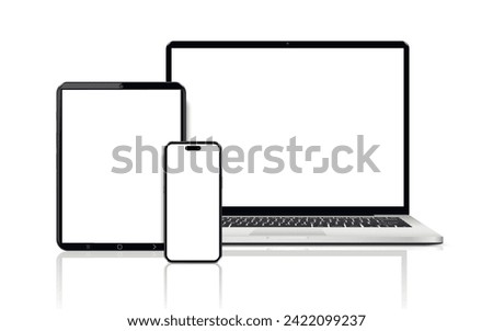 Laptop computer, tablet and mobile phone. Flat lay detailed and realistic devices mockup