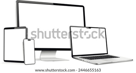 Realistic computer, laptop, tablet, cell phone. Modern digital devices mockup.