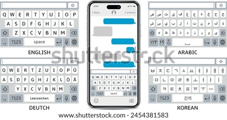 Cellphone mock up virtual keyboards. English, Arabic, German, Korean keyboards set.