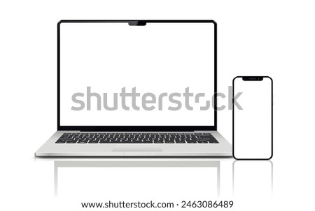 Laptop computer and mobile phone mockups isolated on white background