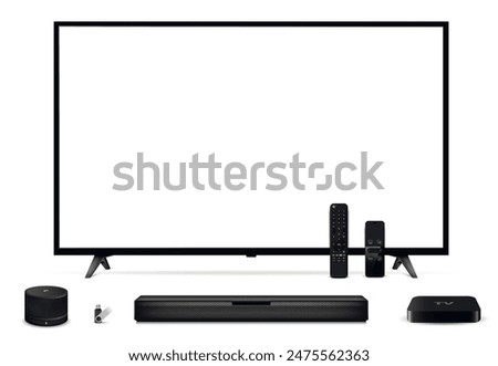 Modern oled tv with remote control, sound bar, tv set-top box, smart speaker, usb flash drive