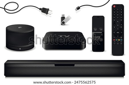 TV set-top box, sound bar, smart speaker, remote controls and usb flash drive