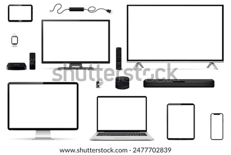 TV, computer, laptop, tablet, phone, watch, smart speaker, sound bar, usb flash drive, gps navigation device, tv set-top box and remote control.