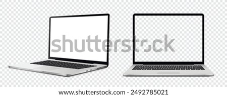 Mockup of laptop computer. Front and side view with white and empty screen on transparent background.