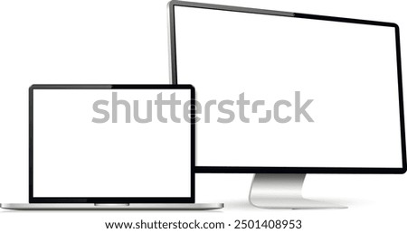 Realistic computer screen with laptop mockup. Computer display and laptop with blank screen.