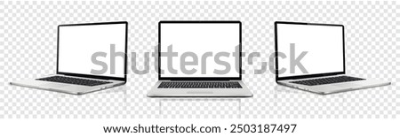 Laptop blank screen mockup. Realistic laptop in different positions isolated on transparent background.