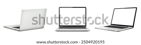 Realistic laptop mockup with blank screen isolated on white background, perspective laptop mock up different angles views.