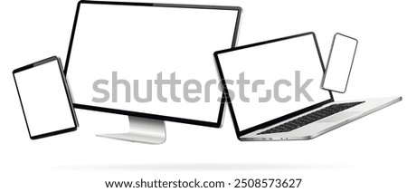 Computer monitor, laptop, tablet pc and mobile phone while levitating in the air on a white background