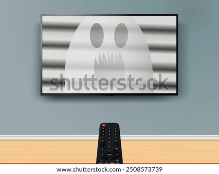 Watching TV with Horror scary movie. Remote control is pointed at the TV on the wall with ghost in screen.