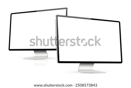 Two computer monitors mockup. Realistic PC with white screen on white background