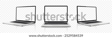 Laptop transparent screen mockup. Realistic laptop in different positions isolated on transparent background.