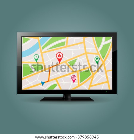 GPS map on TV screen, vector illustration