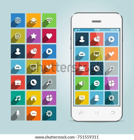 Mobile smart phone with apps icons on soft background