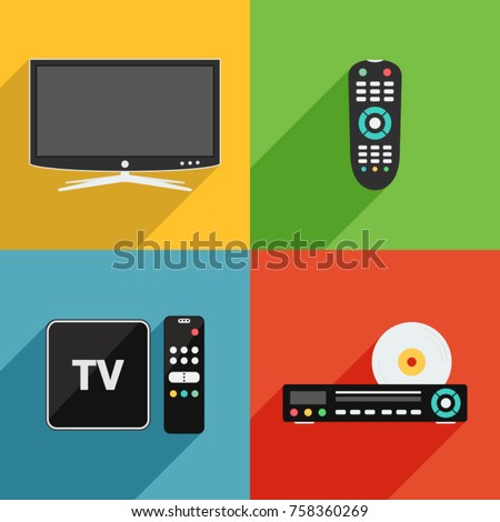 TV and television equipment vector flat design icons