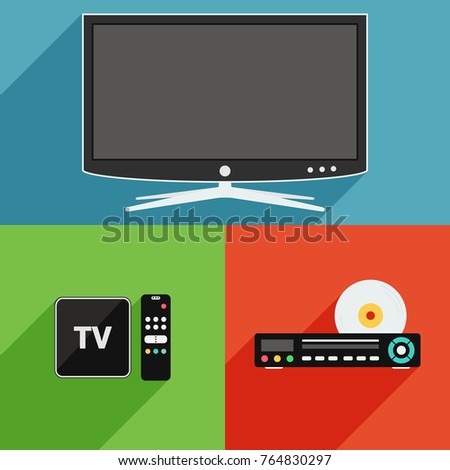 Smart TV, DVD player and TV box receiver flat design long shadow icons
