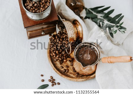 Similar – Image, Stock Photo Traditional Turkish mocha in Ottoman folklore cup on grey stone steps in Maksudiye near Adapazari in Sakarya province, Turkey