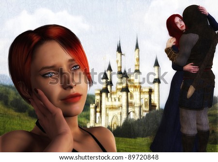 A digital render of a pretty young woman daydreaming about a romantic medieval couple.