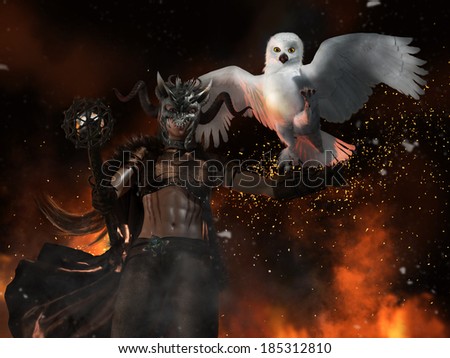 A fantasy warrior with her pet snowy owl during a battle with fire and embers around them.