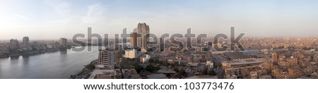 CAIRO - MARCH 8: Panorama of Cairo, Egypt and the Nile with Fairmont Nile City Hotel on March 8, 2010. The 34-story towers were completed in 2001/2.
