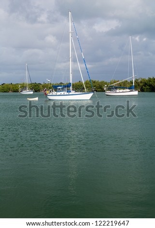 Yachts and boats moored in No Name Harbor in Bill Baggs Cape Florida State park Key Biscayne Miami