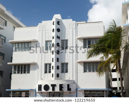 MIAMI BEACH, FLORIDA - DECEMBER 3: The facade of art deco Congress Hotel in Miami Beach on December 3, 2012. The hotel designed by Henry Hohauser and opened in 1936