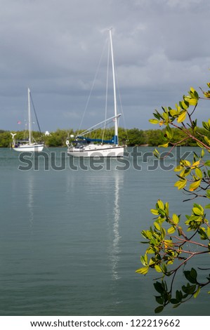 Yachts and boats moored in No Name Harbor in Bill Baggs Cape Florida State park Key Biscayne Miami
