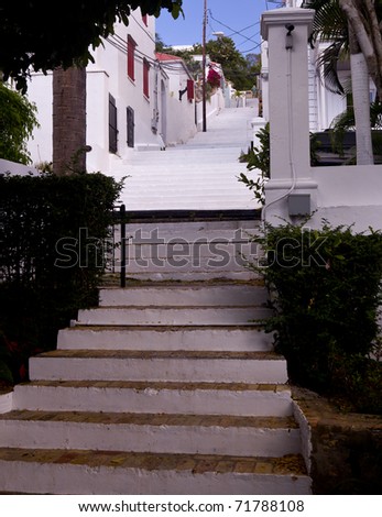 Steps up the steep hill town of Charlotte Amalie in St Thomas