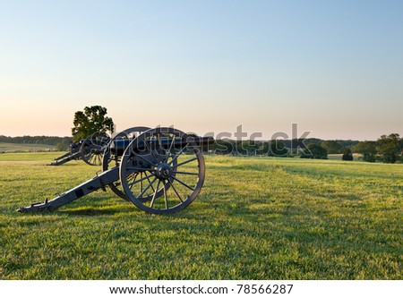 Sunset view of the old cannons in a line at Manassas Civil War battlefield where the Bull Run battle was fought. 2011 is the sesquicentennial of the battle