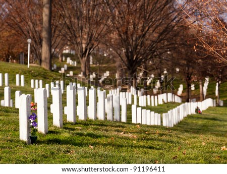 Christmas wreaths on gravestones in Arlington National Cemetery. The wreathes have been donated each year since 1992.