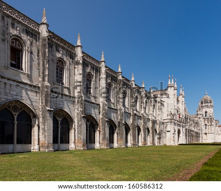 Detail of ornate gothic carvings and architecture around entrance to Jeronimos Monastery in Belem near Lisbon Portugal