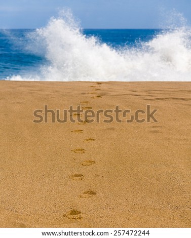 Smooth and sandy beach with footsteps leading one way towards the crashing waves in the distance