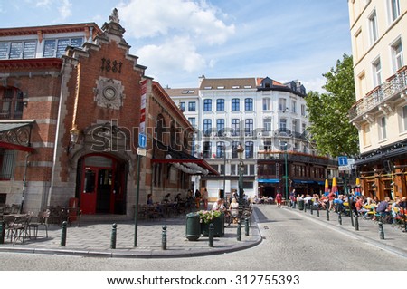 BRUSSELS, BELGIUM - JULY 31: Market Halls of Saint-Gery. The covered market halls, on the site of the church of Saint-Gery, was built in the 16th century, july 31, 2015.