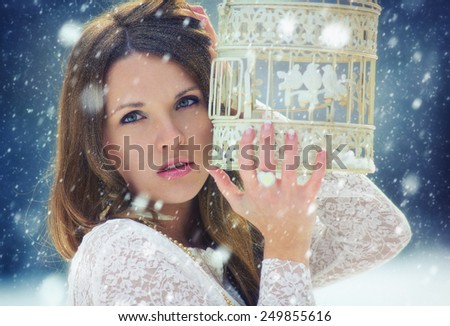 Beauty in the winter / Young women wth a bird cage in snowfall