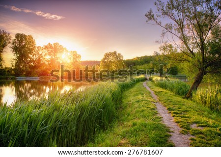 Beautiful fishing lake in sunrise / This image was created with a HDR (high dynamic range) technology