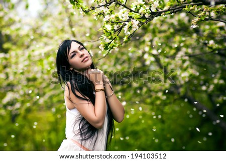 girl, girl lush garden, flowers, flowering gardens, apple,